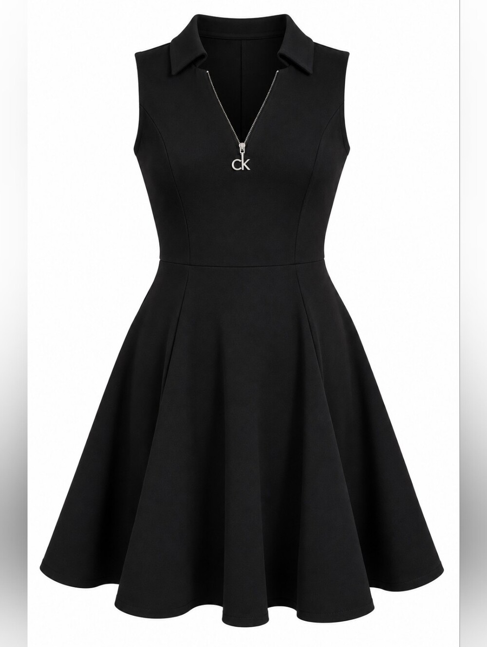 Calvin Klein                 Black Sleeveless V-Notch Flared Cocktail Dress